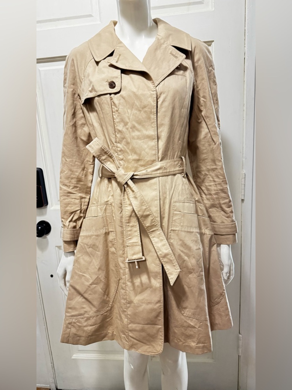 Tory Burch Womens Trench Coat Beige Collared Long Sleeve Buckle Size 6